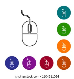 Grey line Computer mouse icon isolated on white background. Optical with wheel symbol. Set icons in color circle buttons. Vector Illustration