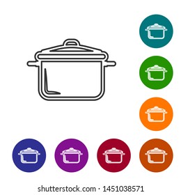 Grey line Cooking pot icon isolated on white background. Boil or stew food symbol. Set icon in color circle buttons. Vector Illustration