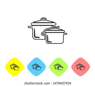 Grey line Cooking pot icon isolated on white background. Boil or stew food symbol. Set icon in color rhombus buttons. Vector Illustration