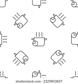 Icono del temporizador de cocina y la olla de cocina de línea gris aislado en un patrón sin fisuras en el fondo blanco. Hervir o estofar el símbolo de la comida.  Vector