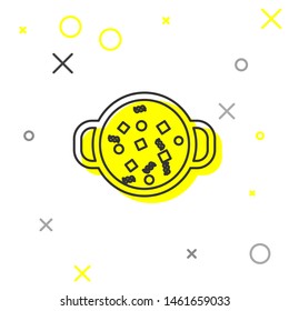 Grey line Cooking soup in pot icon isolated on white background. Boil or stew food symbol.  Vector Illustration
