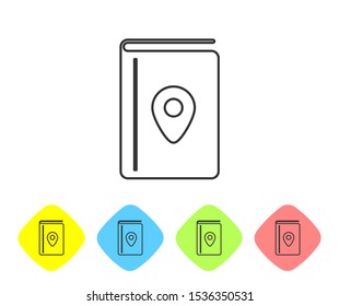Grey line Cover book travel guide icon isolated on white background. Set icons in color rhombus buttons. Vector Illustration