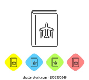 Grey line Cover book travel guide icon isolated on white background. Set icons in color rhombus buttons. Vector Illustration
