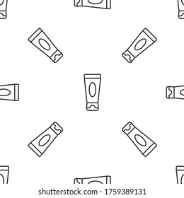 Grey line Cream or lotion cosmetic tube icon isolated seamless pattern on white background. Body care products for men. Vector Illustration