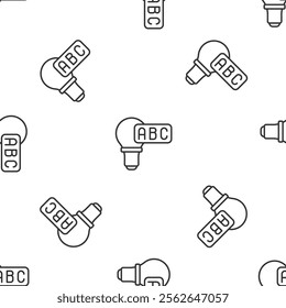 Grey line Creative lamp light idea icon isolated seamless pattern on white background. Concept ideas inspiration, invention, effective thinking, knowledge and education.  Vector