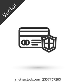 Grey line Credit card with shield icon isolated on white background. Online payment. Cash withdrawal. Financial operations. Shopping sign.  Vector
