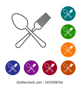 Grey line Crossed fork and spoon icon isolated on white background. Cooking utensil. Cutlery sign. Set icon in color circle buttons. Vector Illustration