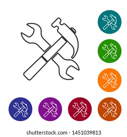 Grey line Crossed hammer and wrench icon isolated on white background. Hardware tools. Set icon in color circle buttons. Vector Illustration