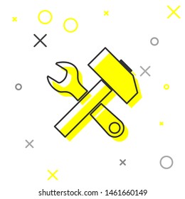 Grey line Crossed hammer and wrench icon isolated on white background. Hardware tools.  Vector Illustration
