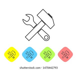 Grey line Crossed hammer and wrench icon isolated on white background. Hardware tools. Set icon in color rhombus buttons. Vector Illustration