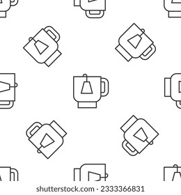 Grey line Cup of tea with tea bag icon isolated seamless pattern on white background.  Vector