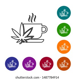 Grey line Cup tea with marijuana or cannabis leaf icon isolated on white background. Marijuana legalization. Hemp symbol. Set icons in color circle buttons. Vector Illustration