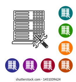 Grey line Database server with screwdriver and wrench icon isolated on white background. Adjusting, service, setting, maintenance, repair, fixing. Set icon in color circle buttons. Vector Illustration