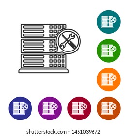 Grey line Database server with screwdriver and wrench icon isolated on white background. Adjusting, service, setting, maintenance, repair, fixing. Set icon in color circle buttons. Vector Illustration