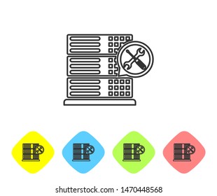 Grey line Database server with screwdriver and wrench icon on white background. Adjusting, service, setting, maintenance, repair, fixing. Set icon in color rhombus buttons. Vector Illustration