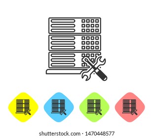 Grey line Database server with screwdriver and wrench icon on white background. Adjusting, service, setting, maintenance, repair, fixing. Set icon in color rhombus buttons. Vector Illustration