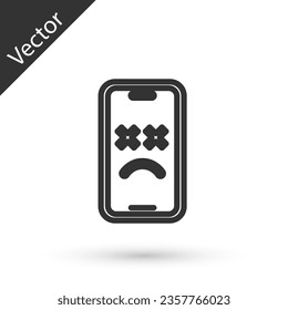 Icono móvil gris muerto aislado en fondo blanco. Símbolo emoji de dispositivo digital disminuido. Smartphone cadáver mostrando emoción facial. Vector