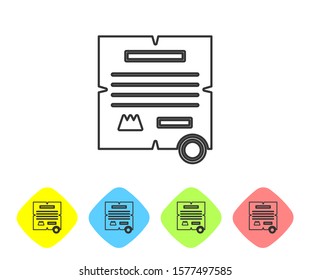 Grey line Decree, paper, parchment, scroll icon icon isolated on white background. Set icons in color rhombus buttons. Vector Illustration
