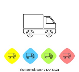 Grey line Delivery cargo truck vehicle icon isolated on white background. Set icons in color rhombus buttons. Vector Illustration