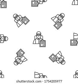 Grey line Delivery man with cardboard boxes icon isolated seamless pattern on white background. Door to door delivery by courier. Vector Illustration