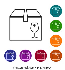 Grey line Delivery package box with fragile content symbol of broken glass icon isolated on white background. Box, package, parcel sign. Set icons in color circle buttons. Vector Illustration