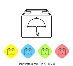 Grey line Delivery package with umbrella symbol icon on white background. Parcel cardboard box with umbrella sign. Logistic and delivery. Set icons in color rhombus buttons. Vector Illustration