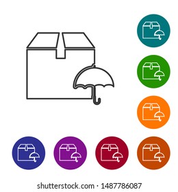 Grey line Delivery package with umbrella symbol icon on white background. Parcel cardboard box with umbrella sign. Logistic and delivery. Set icons in color circle buttons. Vector Illustration