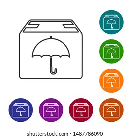 Grey line Delivery package with umbrella symbol icon on white background. Parcel cardboard box with umbrella sign. Logistic and delivery. Set icons in color circle buttons. Vector Illustration