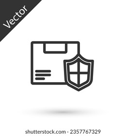 Grey line Delivery security with shield icon isolated on white background. Delivery insurance. Insured cardboard boxes beyond the shield.  Vector