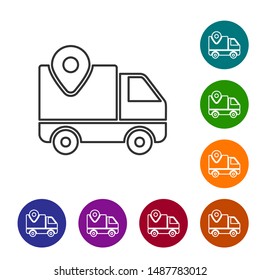Grey line Delivery tracking icon isolated on white background. Parcel tracking. Set icons in color circle buttons. Vector Illustration