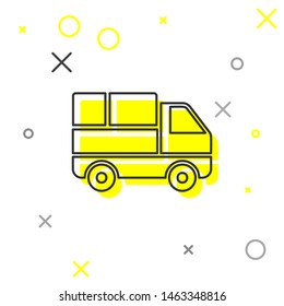 Grey line Delivery truck with cardboard boxes behind icon isolated on white background.  Vector Illustration