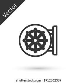 Grey line Dharma wheel icon isolated on white background. Buddhism religion sign. Dharmachakra symbol. Vector.