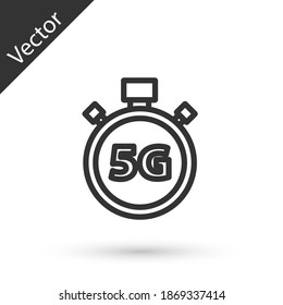Línea gris Contexto del medidor de velocidad digital con icono 5G aislado en fondo blanco. Tecnología de velocidad de datos de conexión de alta velocidad de red global. Vector.