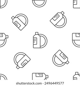 Grey line Dishwashing liquid bottle and plate icon isolated seamless pattern on white background. Liquid detergent for washing dishes.  Vector Illustration