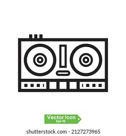 Grey line DJ remote for playing and mixing music icon isolated on white background. DJ mixer complete with vinyl player and remote control. Vector.