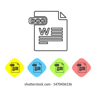 Grey line DOC file document. Download doc button icon isolated on white background. DOC file extension symbol. Set icons in color rhombus buttons. Vector Illustration