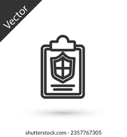 Grey line Document with shield icon isolated on white background. Insurance concept. Security, safety, protection, protect concept.  Vector