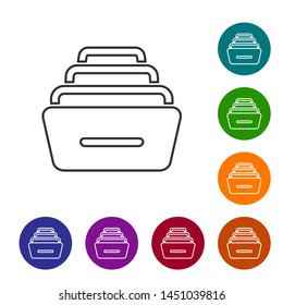 Grey line Drawer with documents icon isolated on white background. Archive papers drawer. File Cabinet Drawer. Office furniture. Set icon in color circle buttons. Vector Illustration