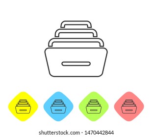 Grey line Drawer with documents icon isolated on white background. Archive papers drawer. File Cabinet Drawer. Office furniture. Set icon in color rhombus buttons. Vector Illustration