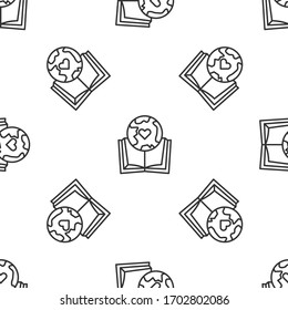 Grey line Earth globe and book icon isolated seamless pattern on white background. World or Earth sign. Global internet symbol. Geometric shapes. Vector Illustration