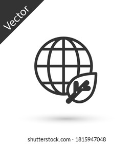Línea gris Planeta terrestre e icono de hoja aislado en fondo blanco. Signo mundial o terrestre. Formas geométricas. Concepto ambiental. Vector.