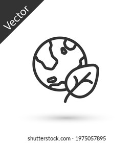Grey line Earth globe and leaf icon isolated on white background. World or Earth sign. Geometric shapes. Environmental concept.  Vector