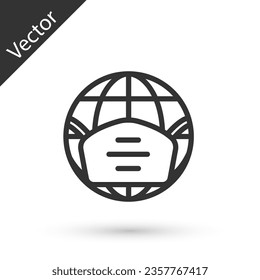 Grey line Earth globe with medical mask icon isolated on white background.  Vector