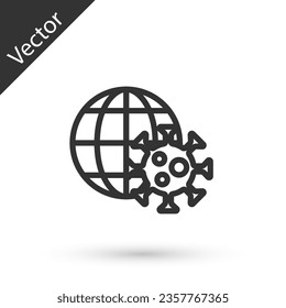 Grey line Earth globe with virus icon isolated on white background. Corona virus 2019-nCoV. Bacteria and germs, cell cancer, microbe, fungi. Vector