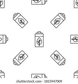 Grey line Eco nature leaf and battery icon isolated seamless pattern on white background. Energy based on ecology saving concept. Vector.