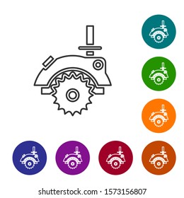 Grey line Electric circular saw with steel toothed disc icon isolated on white background. Electric hand tool for cutting wood or metal. Set icons in color circle buttons. Vector Illustration