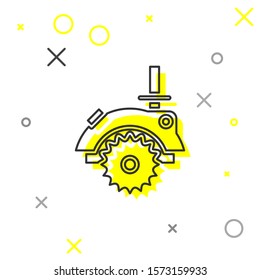 Grey line Electric circular saw with steel toothed disc icon isolated on white background. Electric hand tool for cutting wood or metal.  Vector Illustration