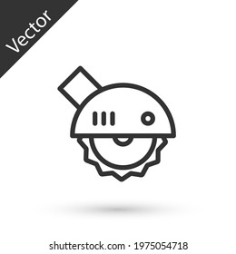 Grey line Electric circular saw with steel toothed disc icon isolated on white background. Electric hand tool for cutting wood or metal. Vector