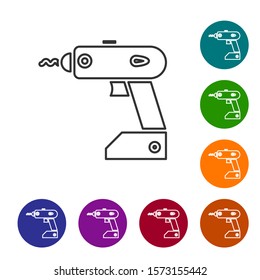 Grey line Electric cordless screwdriver icon isolated on white background. Electric drill machine. Repair tool. Set icons in color circle buttons. Vector Illustration