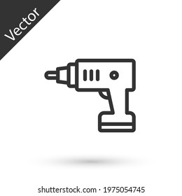 Grey line Electric cordless screwdriver icon isolated on white background. Electric drill machine. Repair tool. Vector